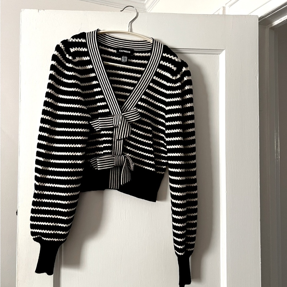 Black and white striped bow cardigan, size small